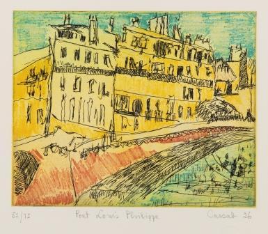 Landscape of Pont Louis Phillippe coloured red and green, with view of Notre Dame building coloured yellow