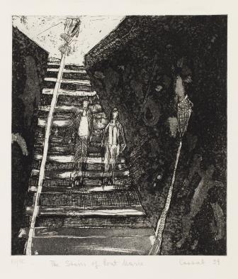 Black and white depiction of stairs at Point Marie with two figures walking down the stairs