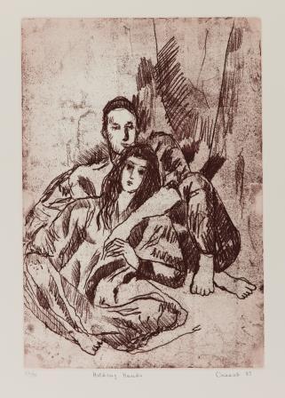 Male figure and female figure sitting leaning against each other and holding hands