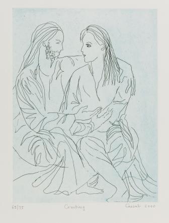 Outline of two figures sitting and with arms around each other