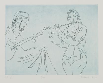 Outline of two figures. Female figure on the right of the image playing flute, male figure on the left of the image is sitting and playing guitar