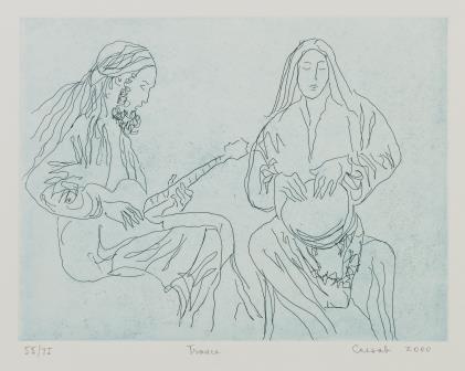 Outline of two figures sitting. The figure on the right is playing the bongo, and the figure on the left is playing guitar