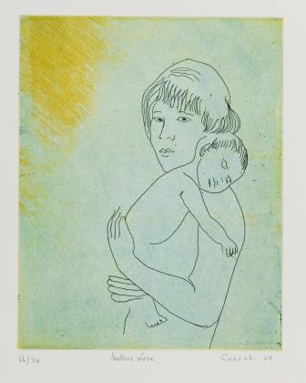 Outline of mother holding baby to her chest on green background