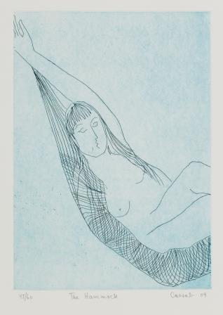 Outline of nude female figure laying in hammock with arm above head