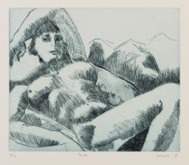 Nude female figure in a laying down pose with one arm above head