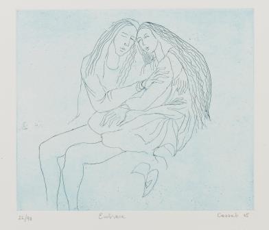 Two outlined figures embracing each other