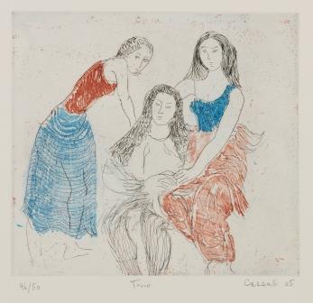 Three figures outlined in black. Female figure on the right is sitting and wearing a blue top and red pants, figure in the centre sitting and is black and white, and the female figure on the right is standing and wearing a red top and blue skirt