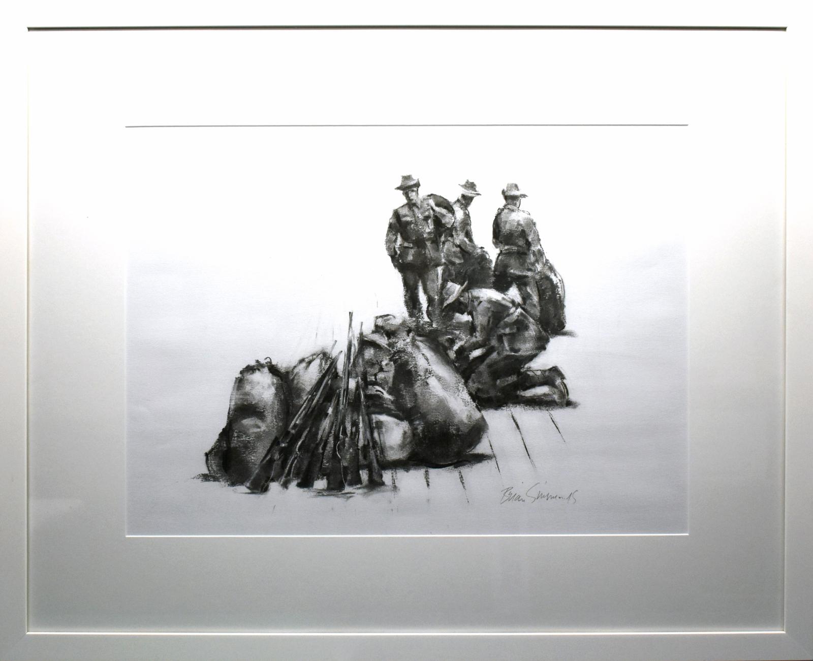 Charcoal drawing by Brian Simmonds titled "Packing kit bags"