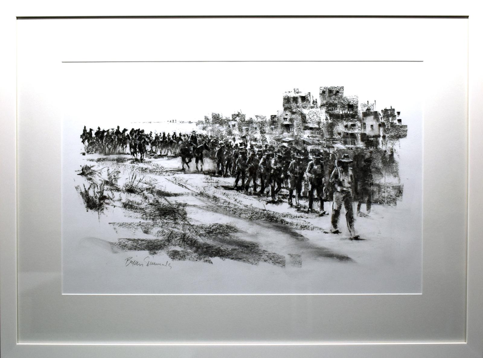 Charcoal drawing by Brian Simmonds titled “Lighthorse and Camel Brigade march into El Arish”