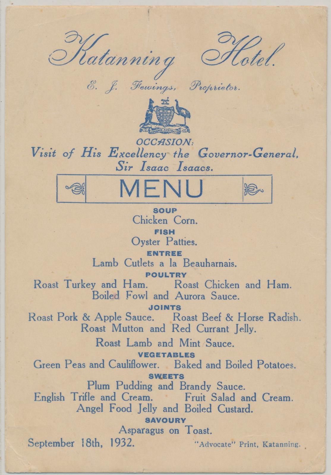 Dinner Menu of Katanning Hotel