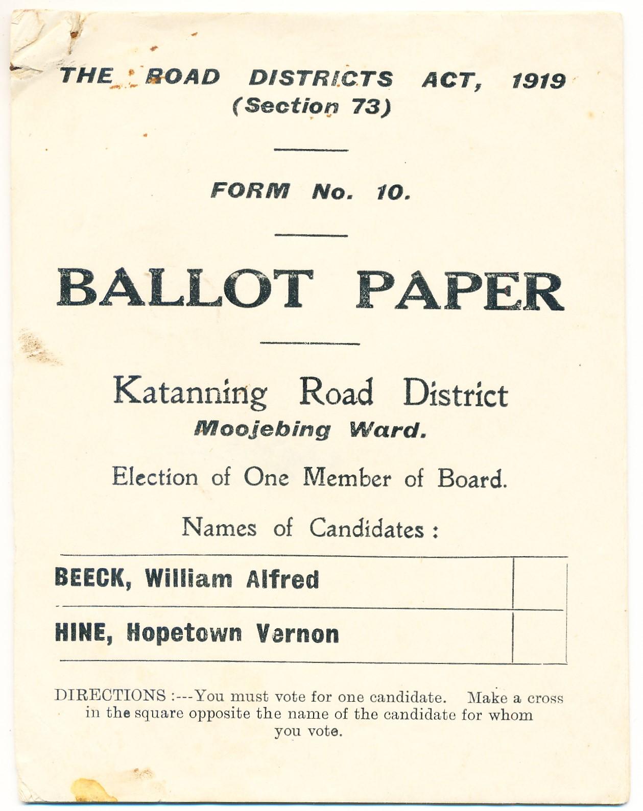 Ballot Paper for Moojebing Ward