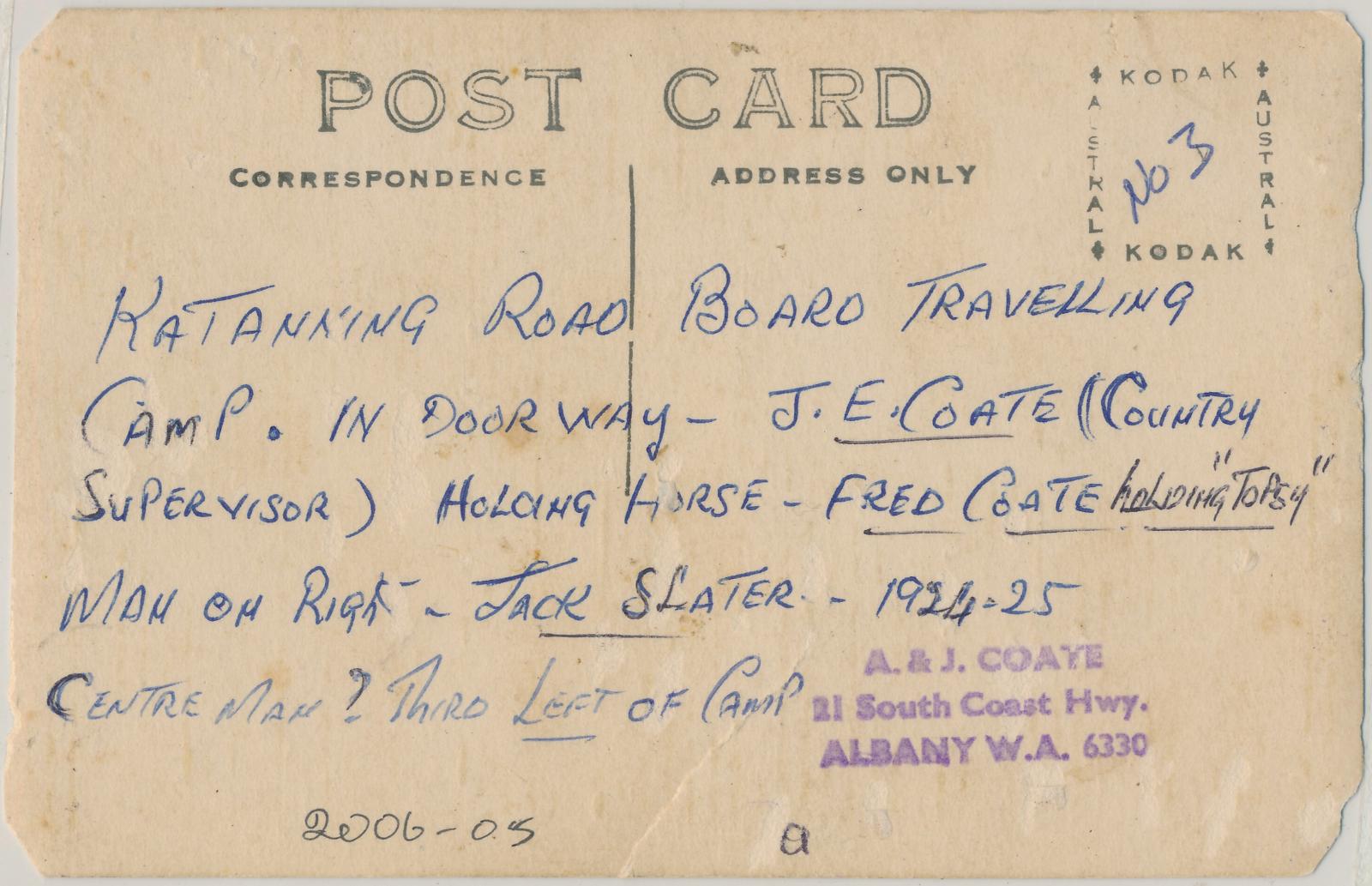 Back of Postcard of Katanning Road Board Camp