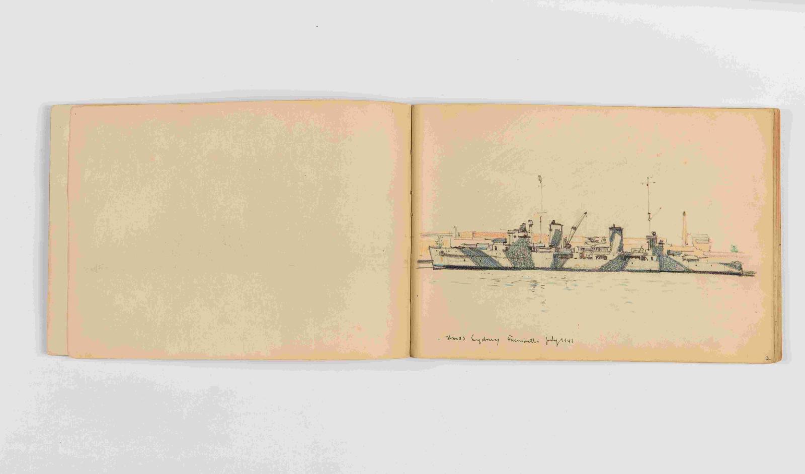 Sketch of HMAS Sydney on right page of open book