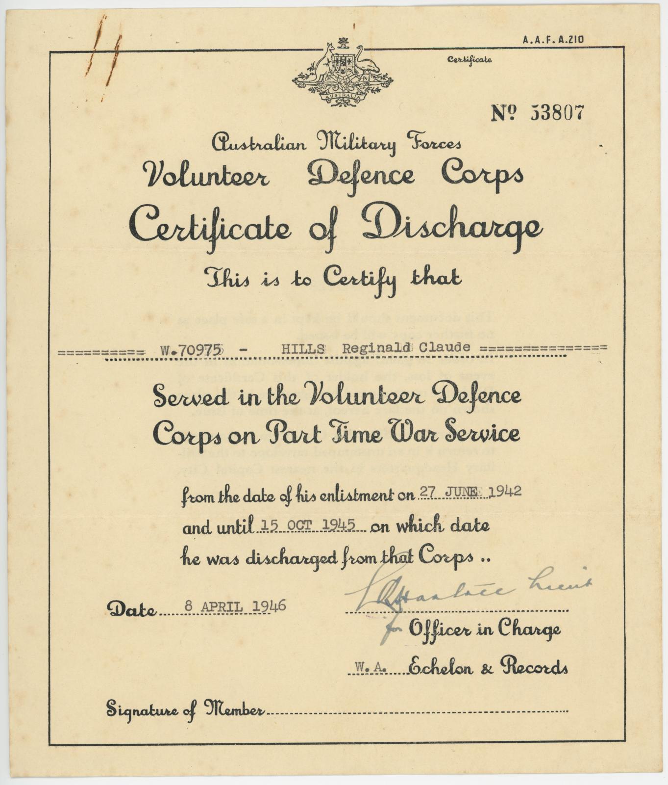 Volunteer Defence Corps Certificate of Discharge: WW2