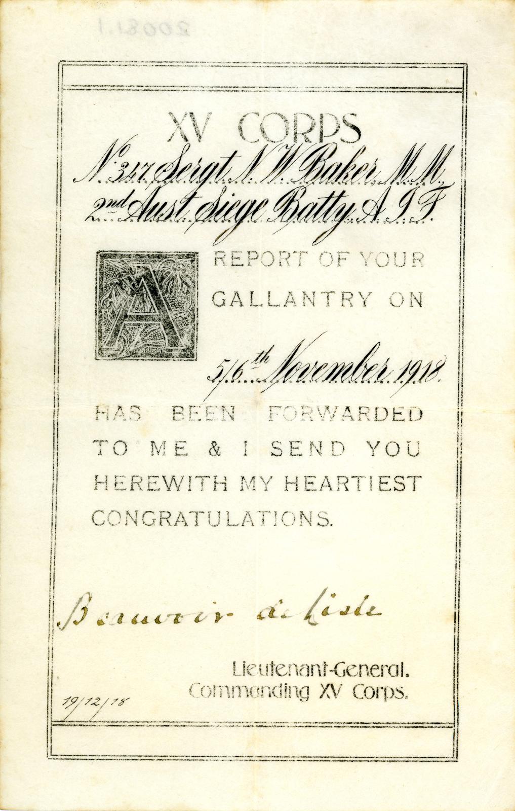 XV Corps Gallantry Report