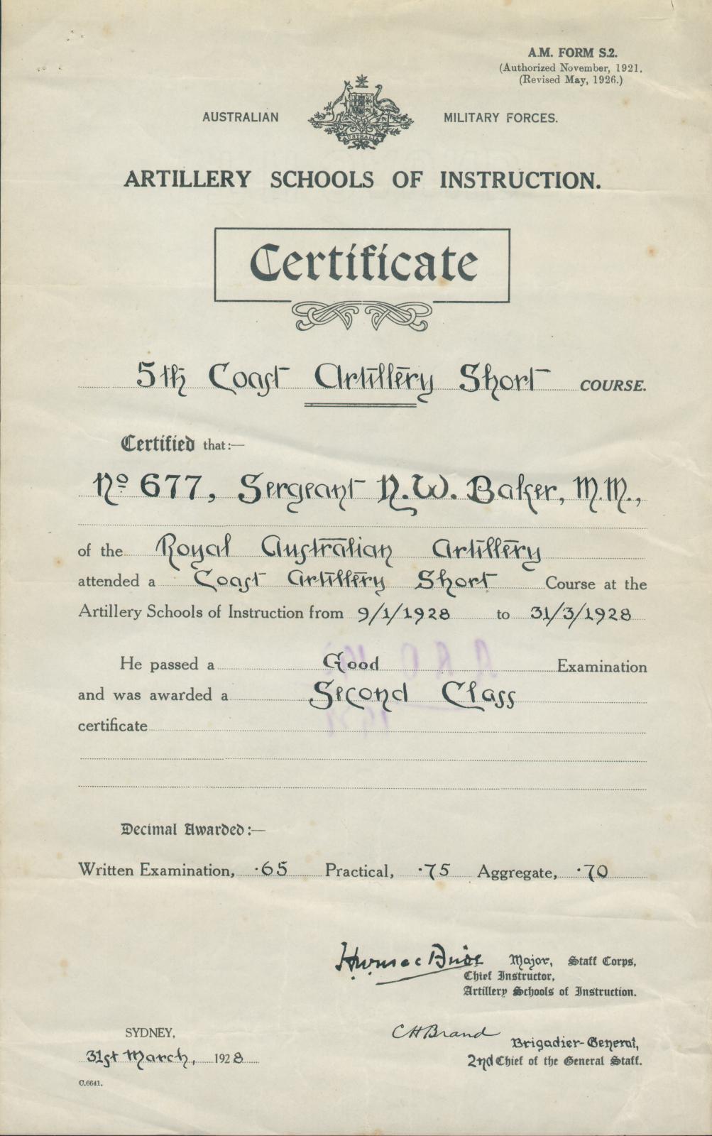 5th Coast Artillery Short Course Certificate