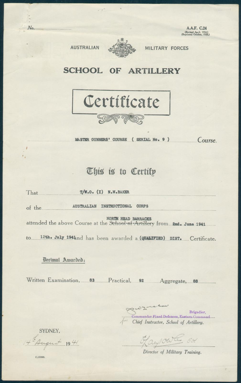 Master Gunners Course Certificate