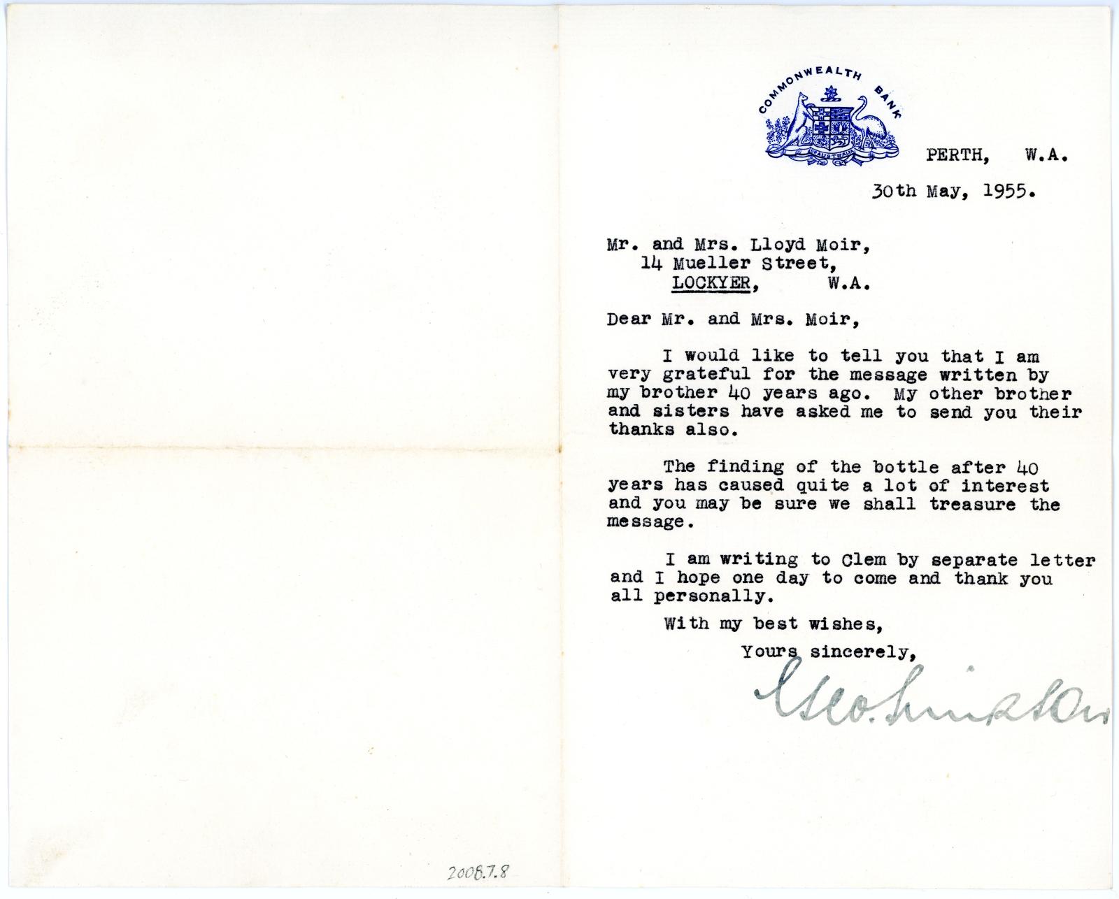 Letter from Commonwealth Bank to Mr. an Mrs. Lloyd Moir