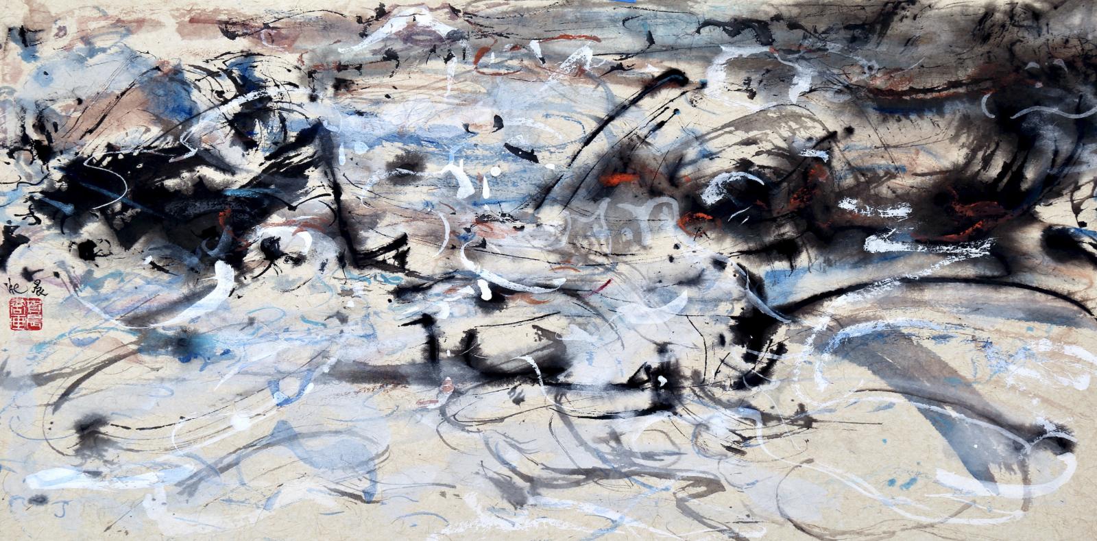 Abstract blue, grey and black work on paper