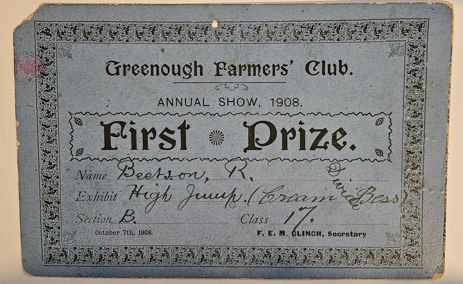 First prize card won by Rowland Beetson