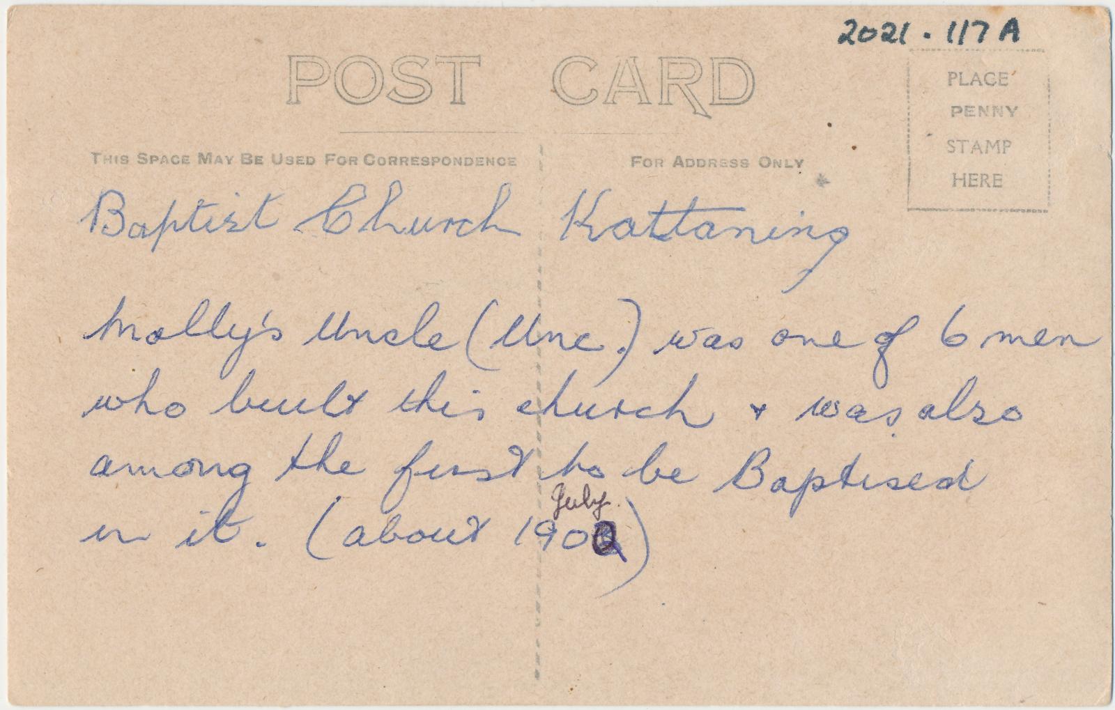 Back of postcard of Katanning Baptist Church