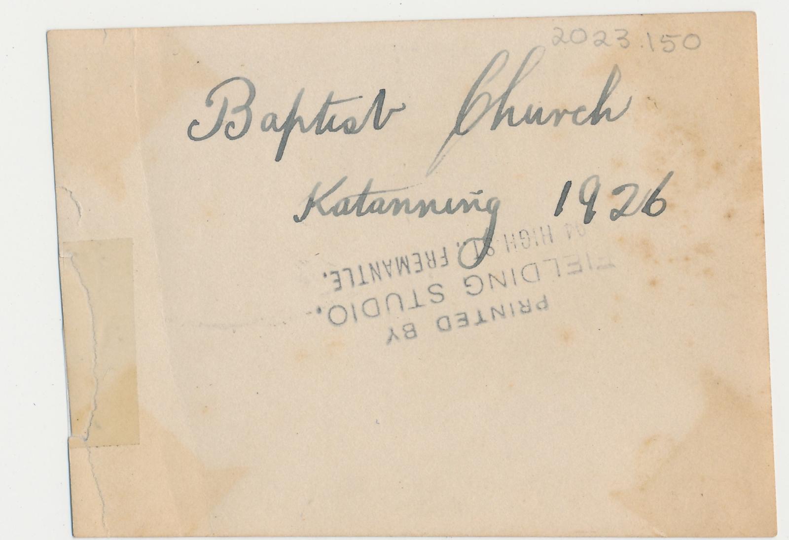 Back of photograph of Baptist Church, Katanning