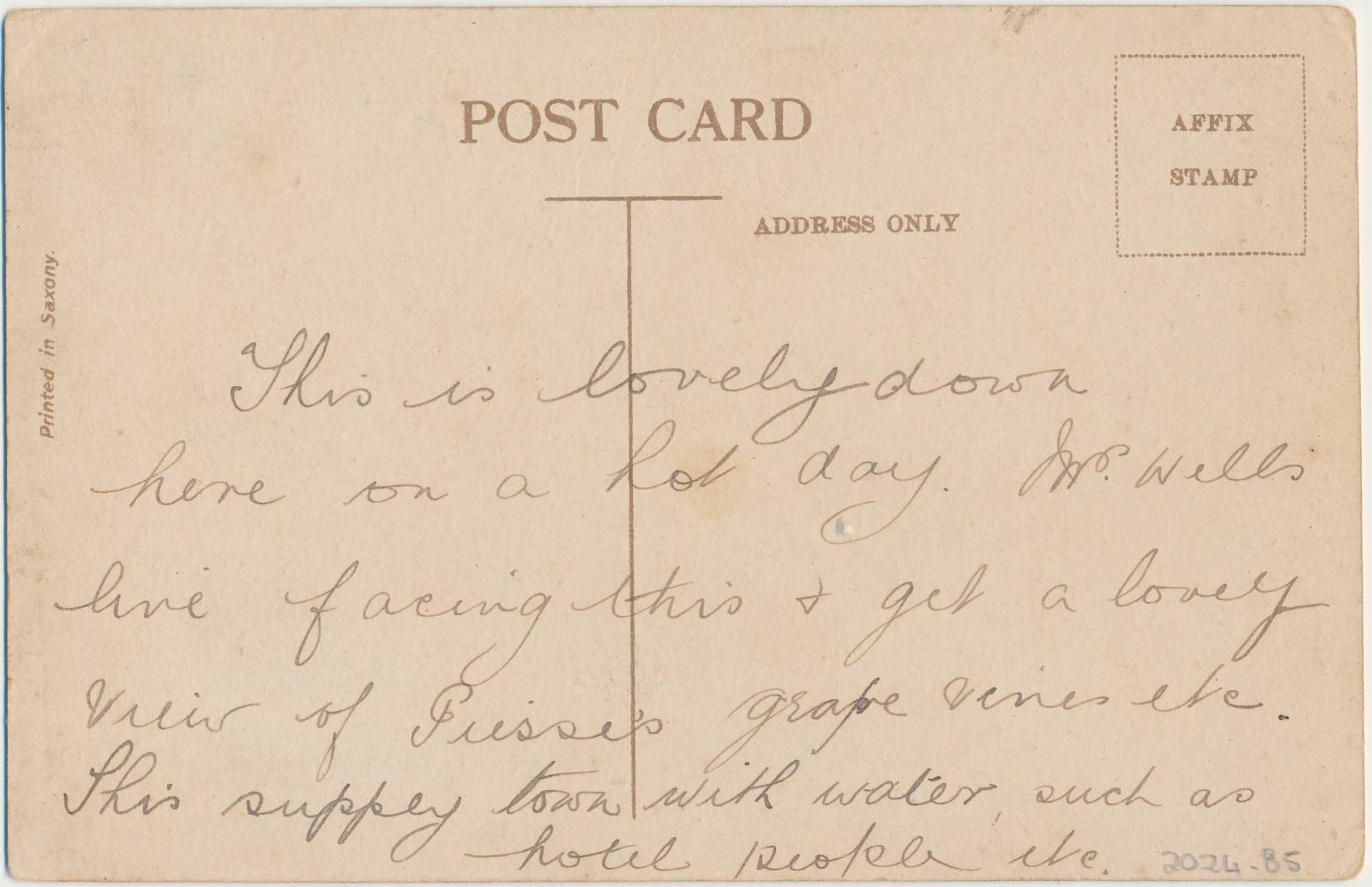 Back of postcard of Hon. F.H. Piesses Reservoir, Katanning