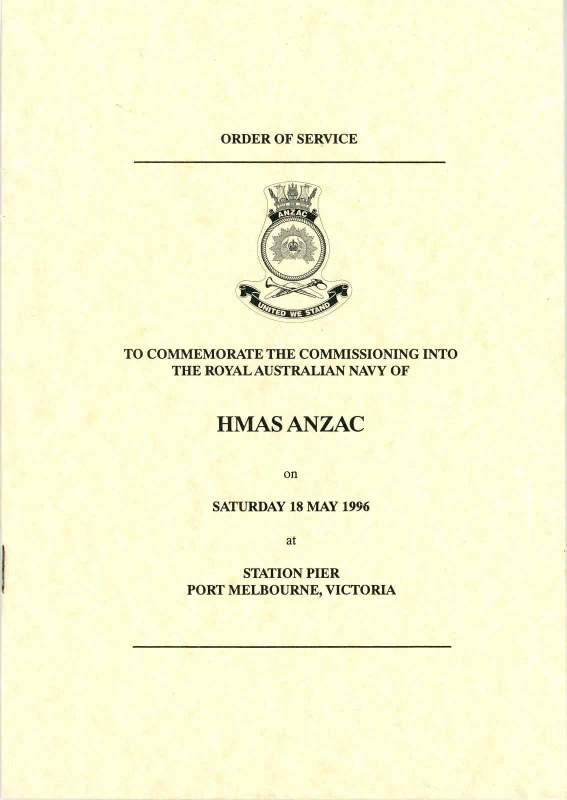 ORDER OF SERVICE commemorating HMAS ANZAC III commissioning 18th May 1996