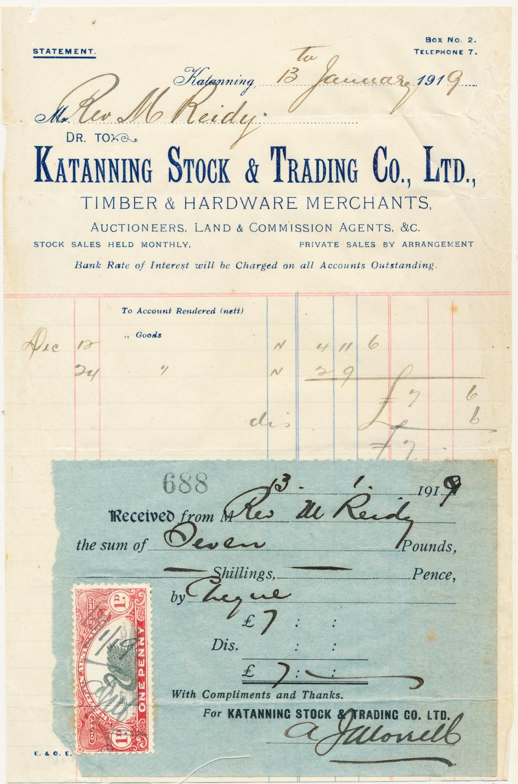 Katanning Stock & Trading Company Invoice and Receipt