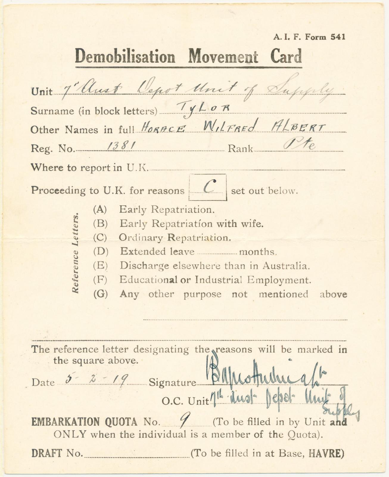 Back of Demobilisation Card for Private Tylor