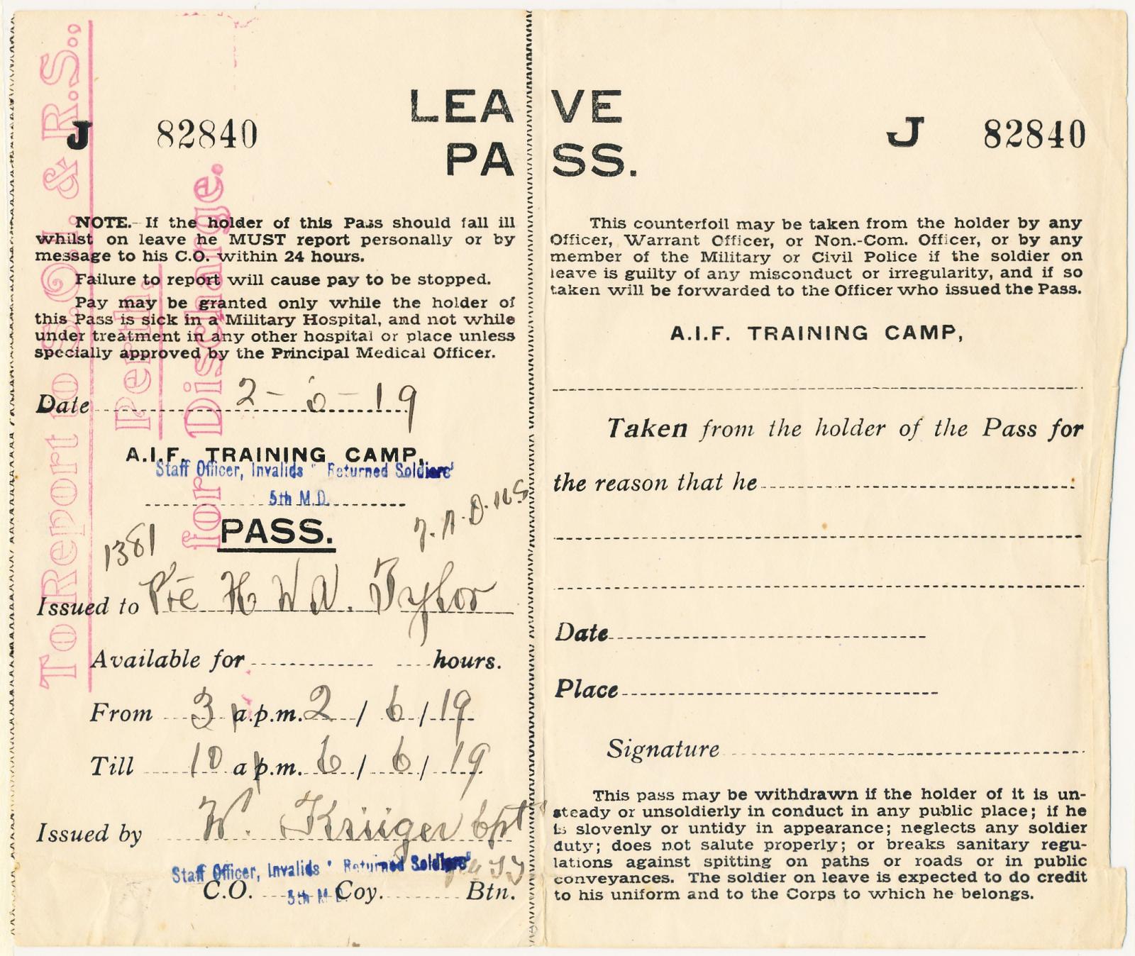 Leave Pass for Private Horace William Albert Tylor