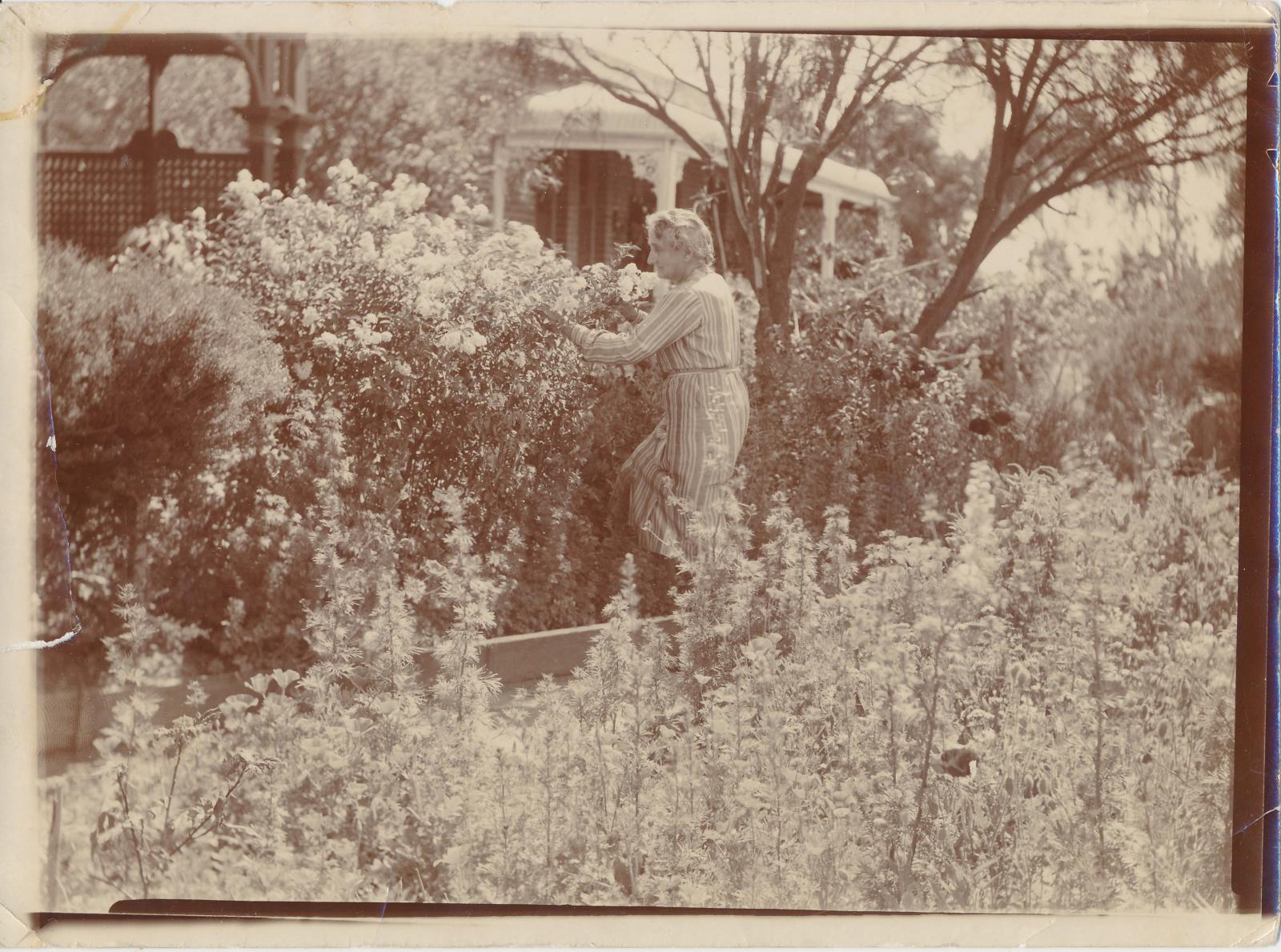 Mabel Martyn in her garden in Arbour Street Katanning