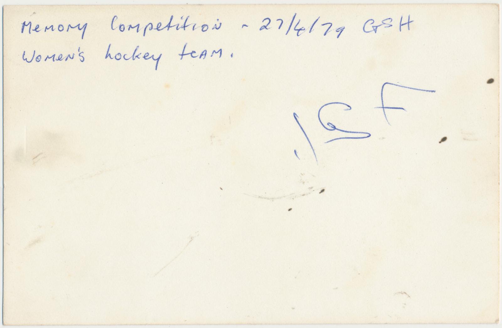 Back of photograph of Smilers Hockey Team