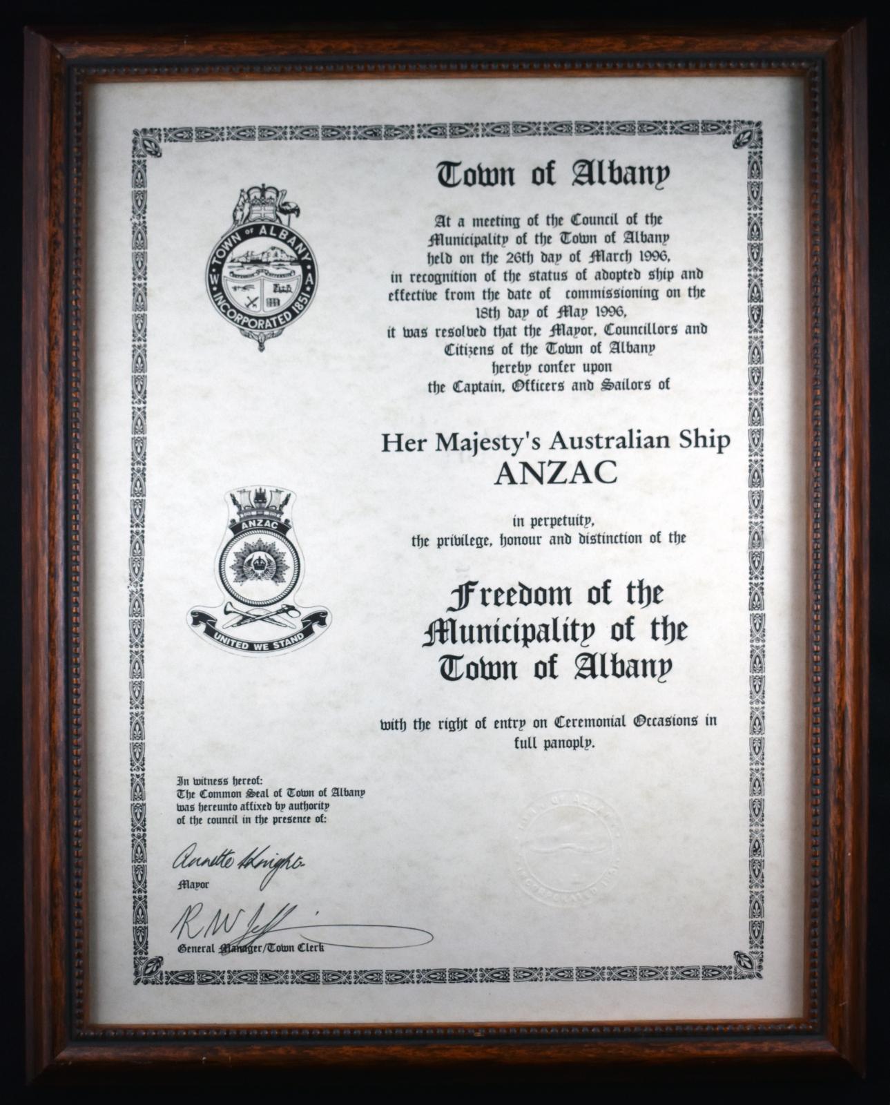 HMAS ANZAC: framed certificate of “Freedom of the Municipality of the Town of Albany” 