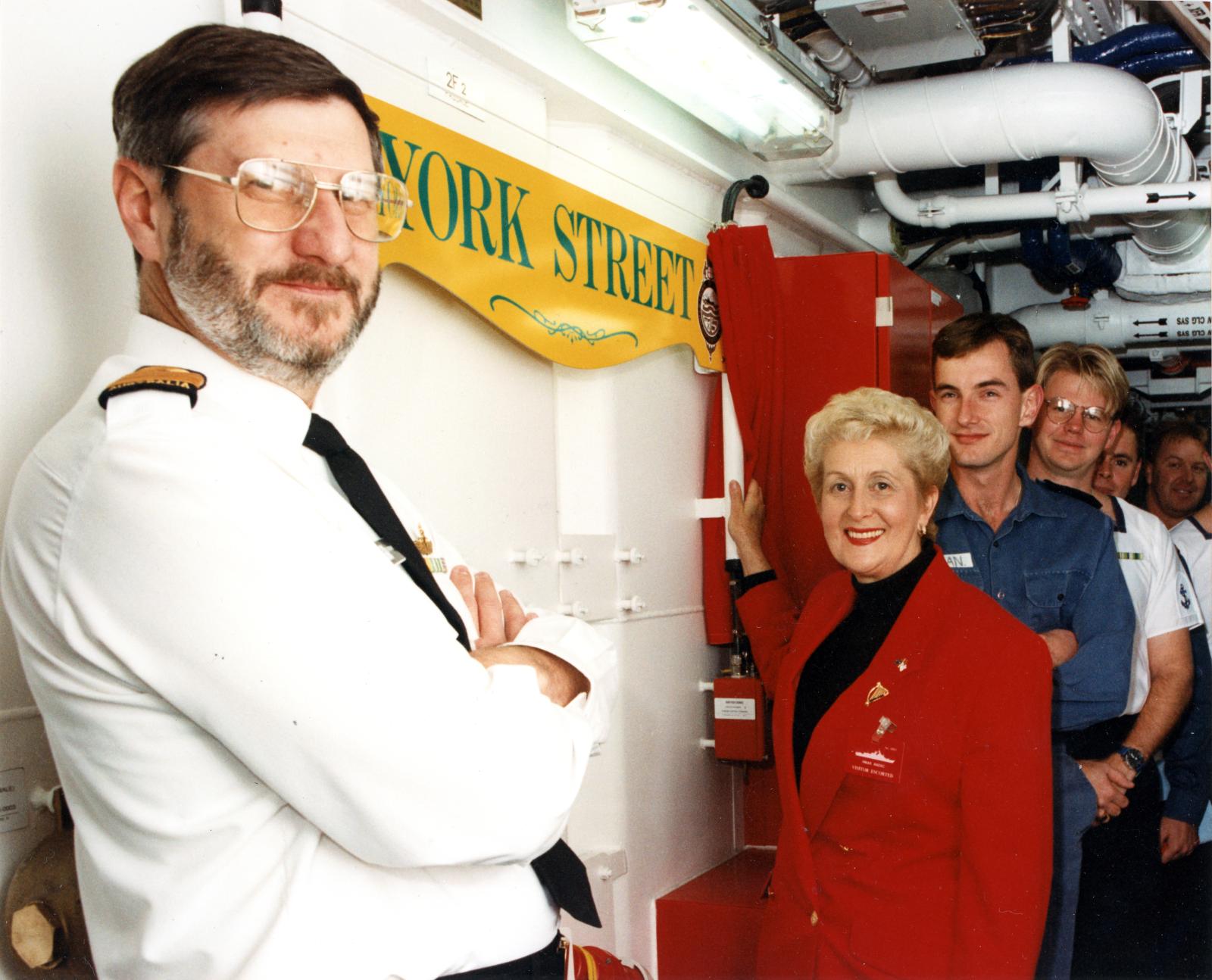 Albany mayor Annette Knight unveiling York Street sign with Captain Les Pataky aboard HMAS ANZAC