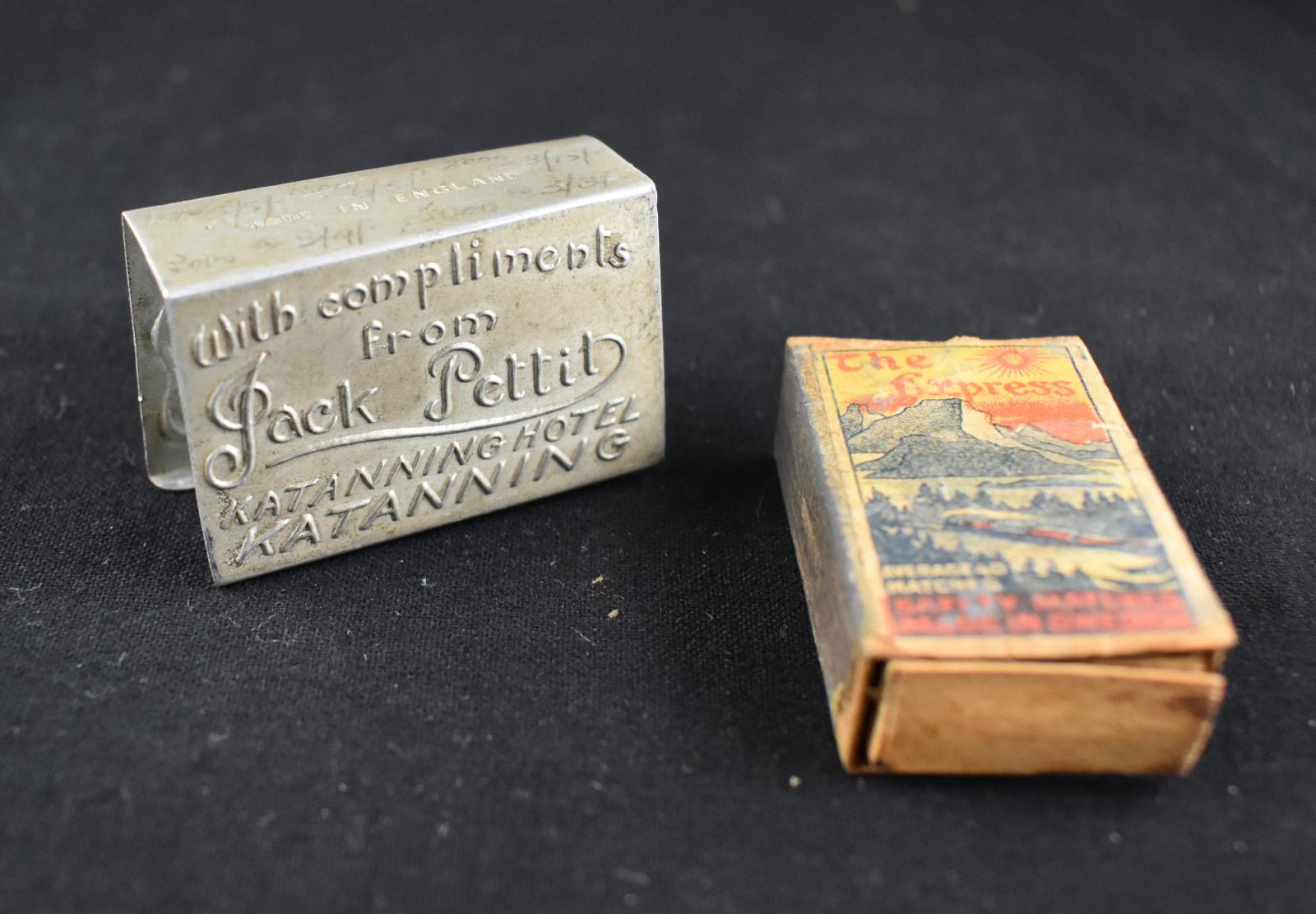 Jack Pettit, Katanning Hotel complimentary match box cover and wooden match box