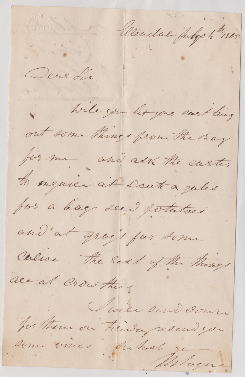 Letter from Major Logue, sent 04/07/1865