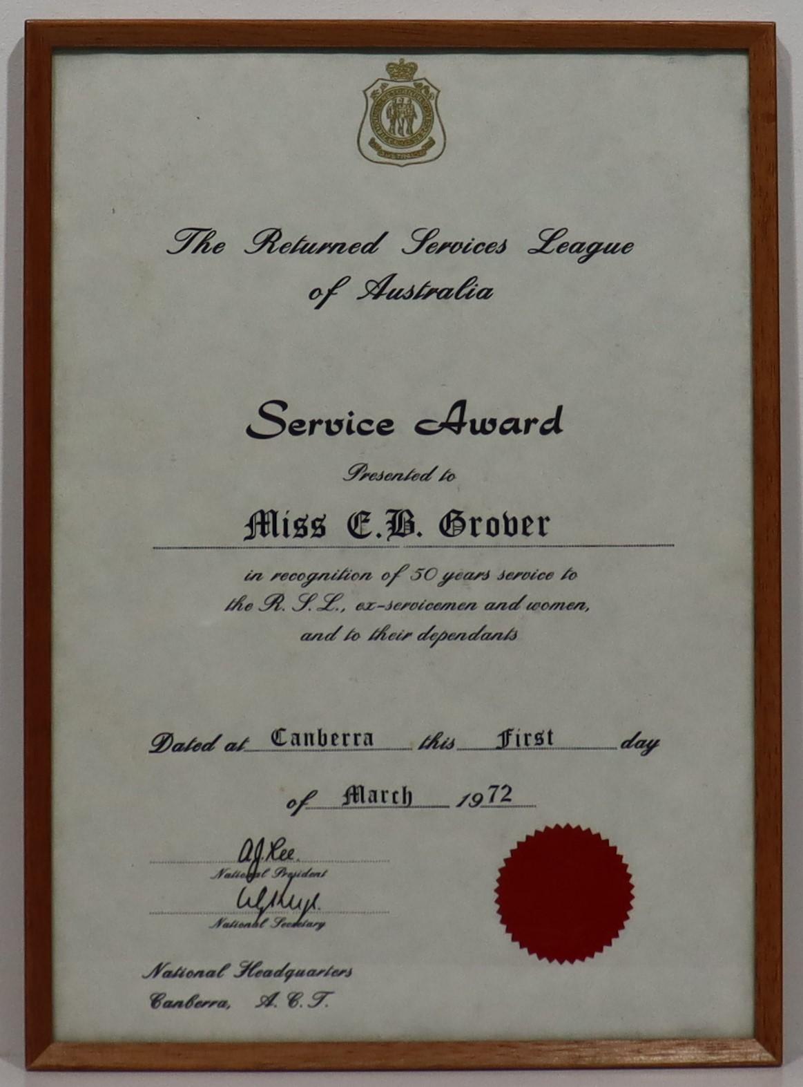 R.S.L. Fifty Years Service Award