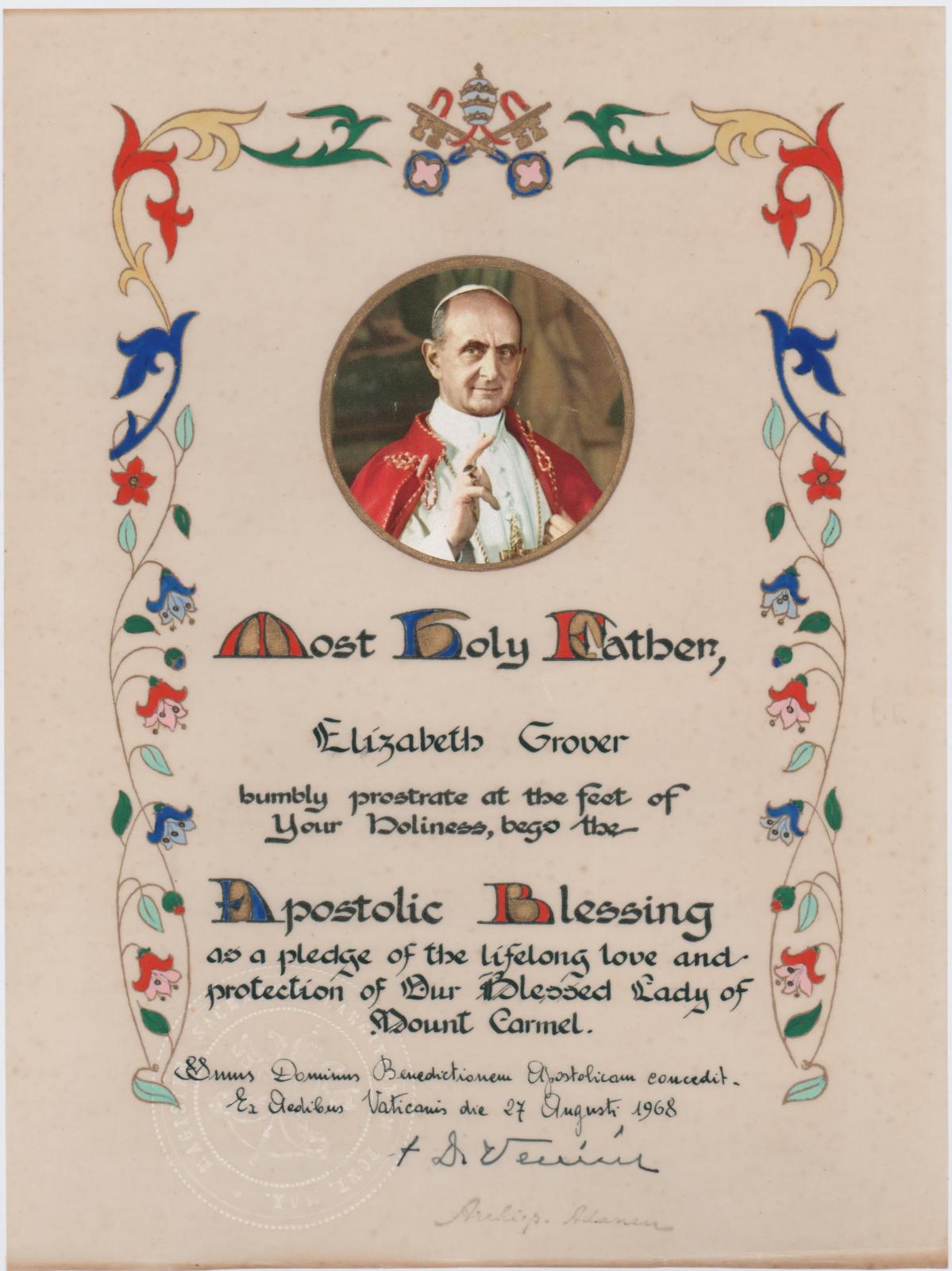 Apostolic Blessing for Elizabeth Grover