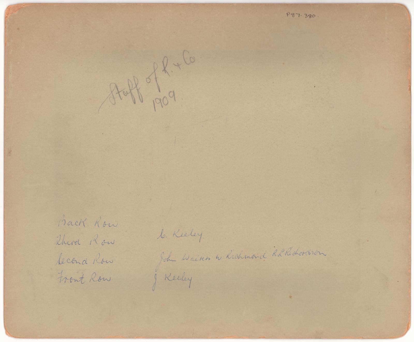 Back of photograph of Staff of Richardson & Co