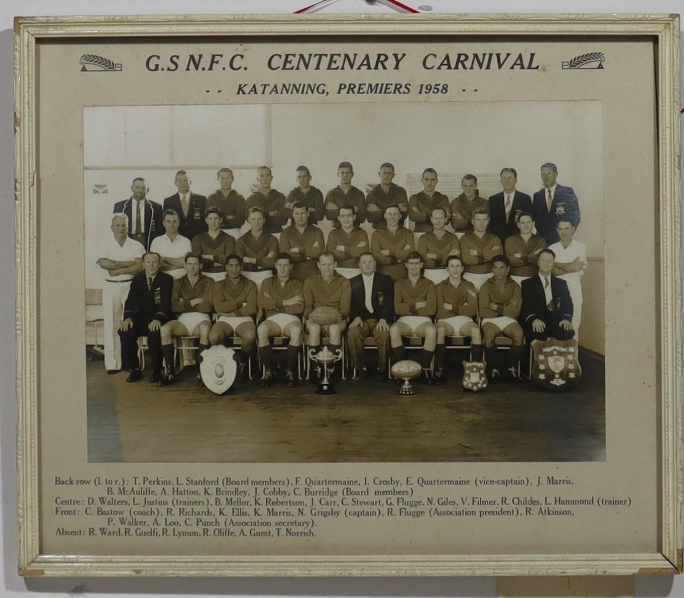 Framed photograph of G.S.N.F.C. Centenary Carnival Premiers