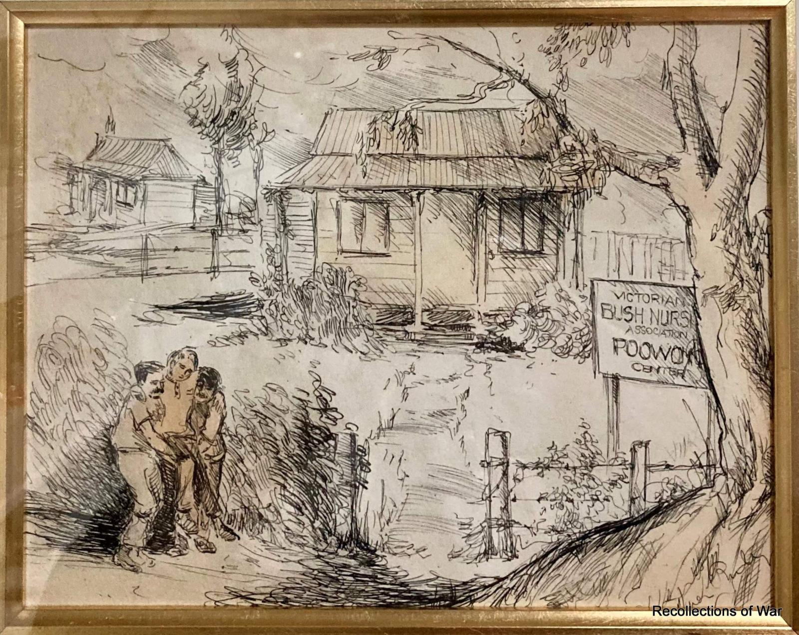 Gold framed sketch of men, houses, and trees