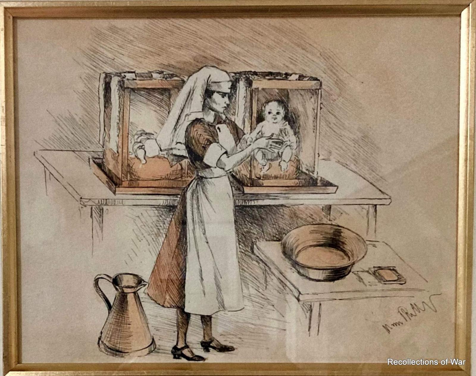 Illustration showing a a nurse in uniform and veil holding a baby about to be given a bath.