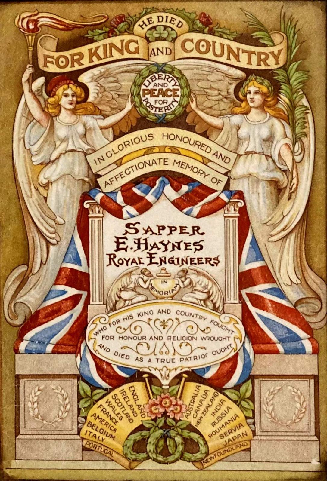 Close-up of framed memorial to Sapper E. Haynes