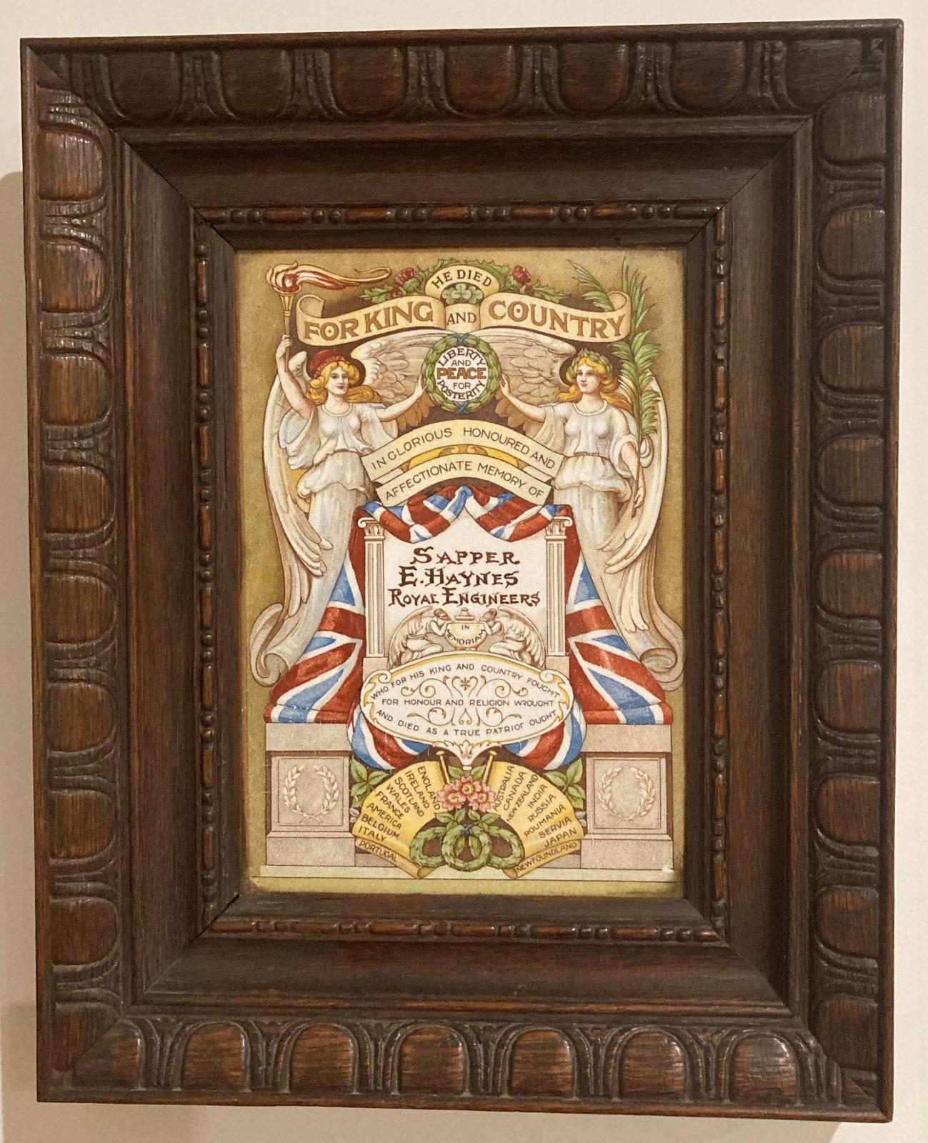 Framed memorial to Sapper E. Haynes