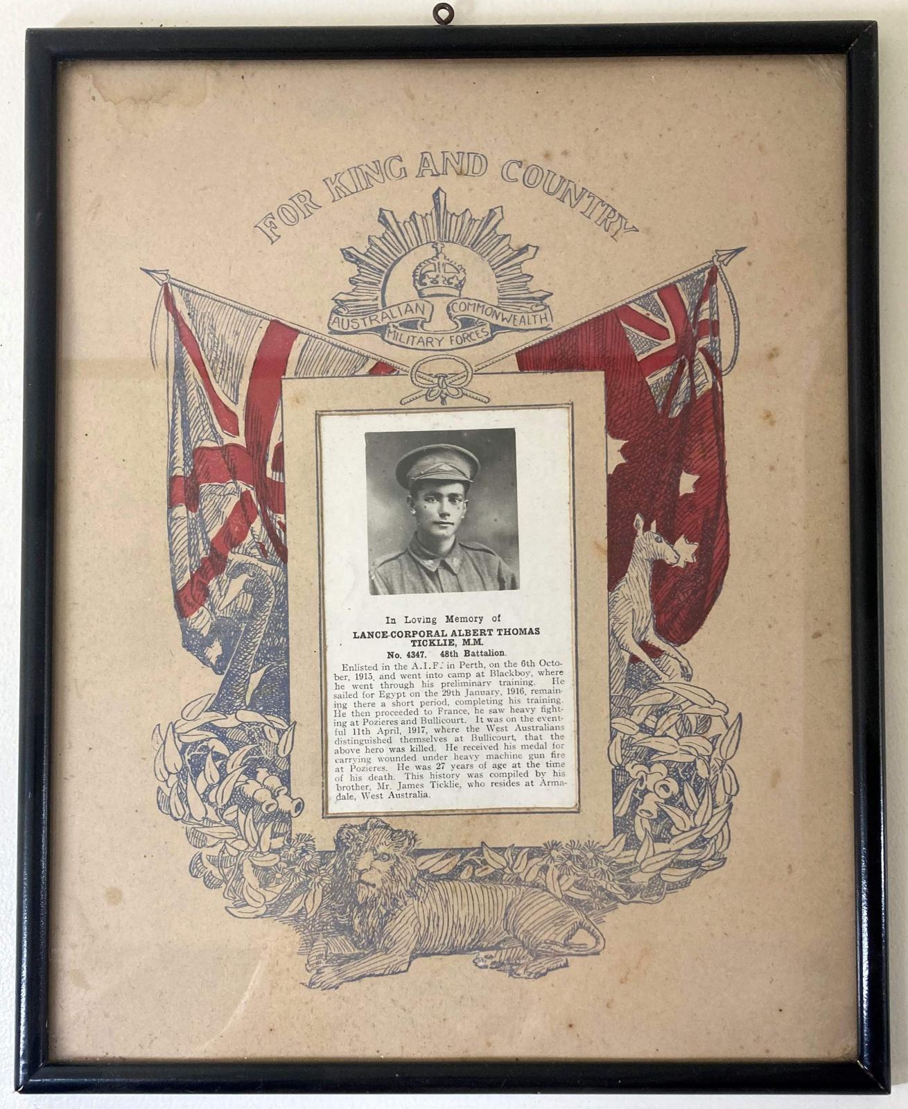 Framed memorial to Albert Thomas Ticklie