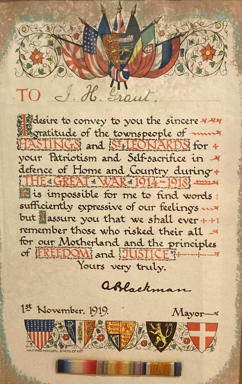 Close-up of WWI Certificate of appreciation - Grant