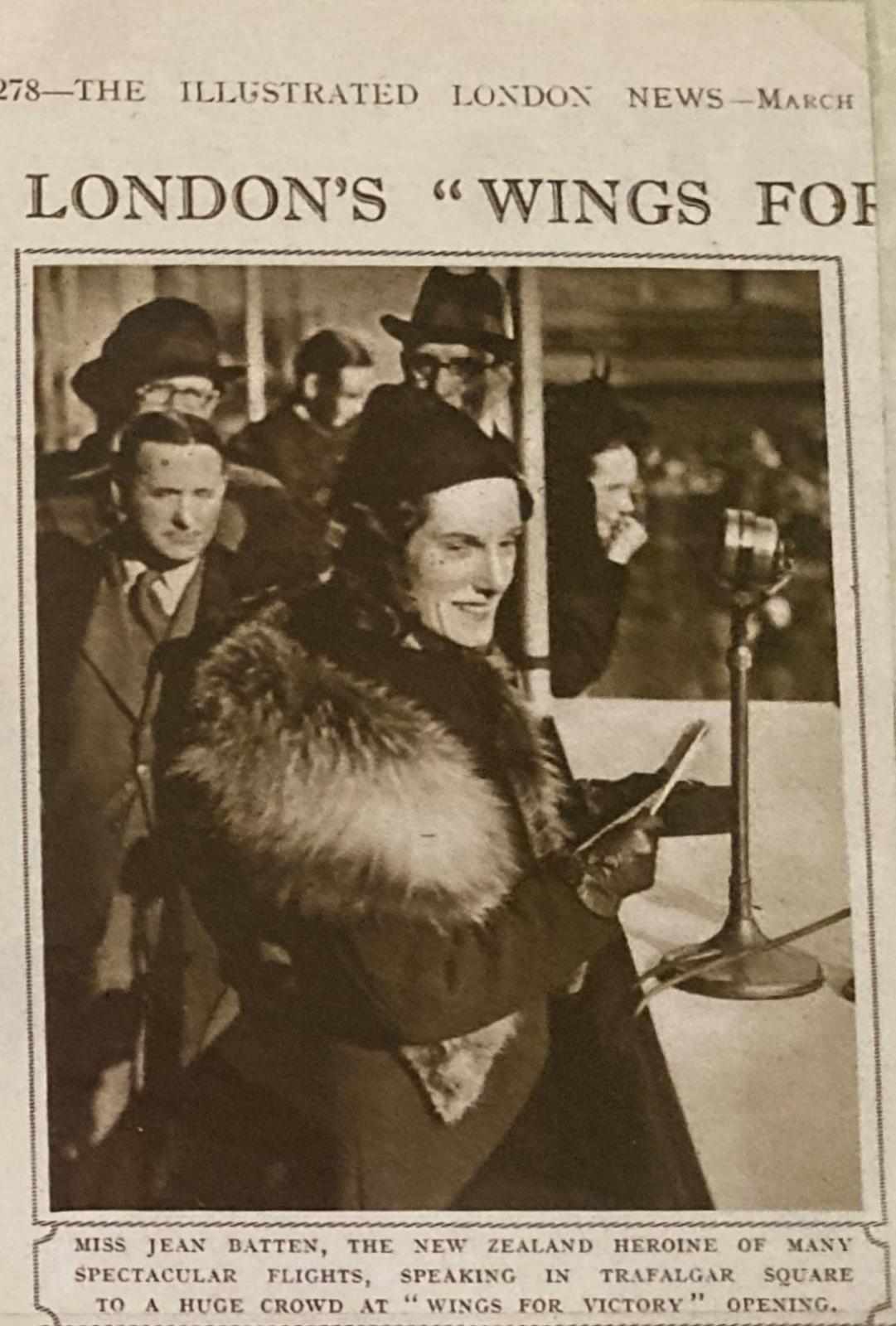 Image of NZ aviatrix, Jean Batten, speaking at the opening of 'Wings for Victory Week' in 1943