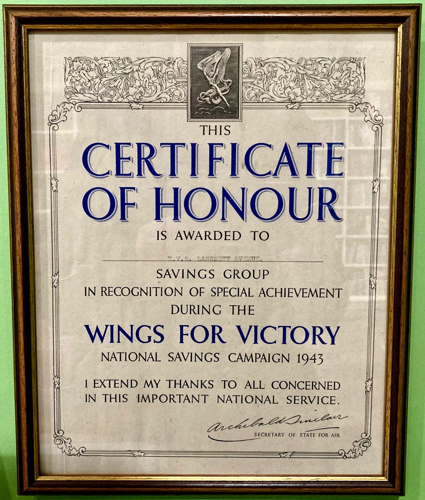 Wings for Victory Certificate of Honour in modern frame