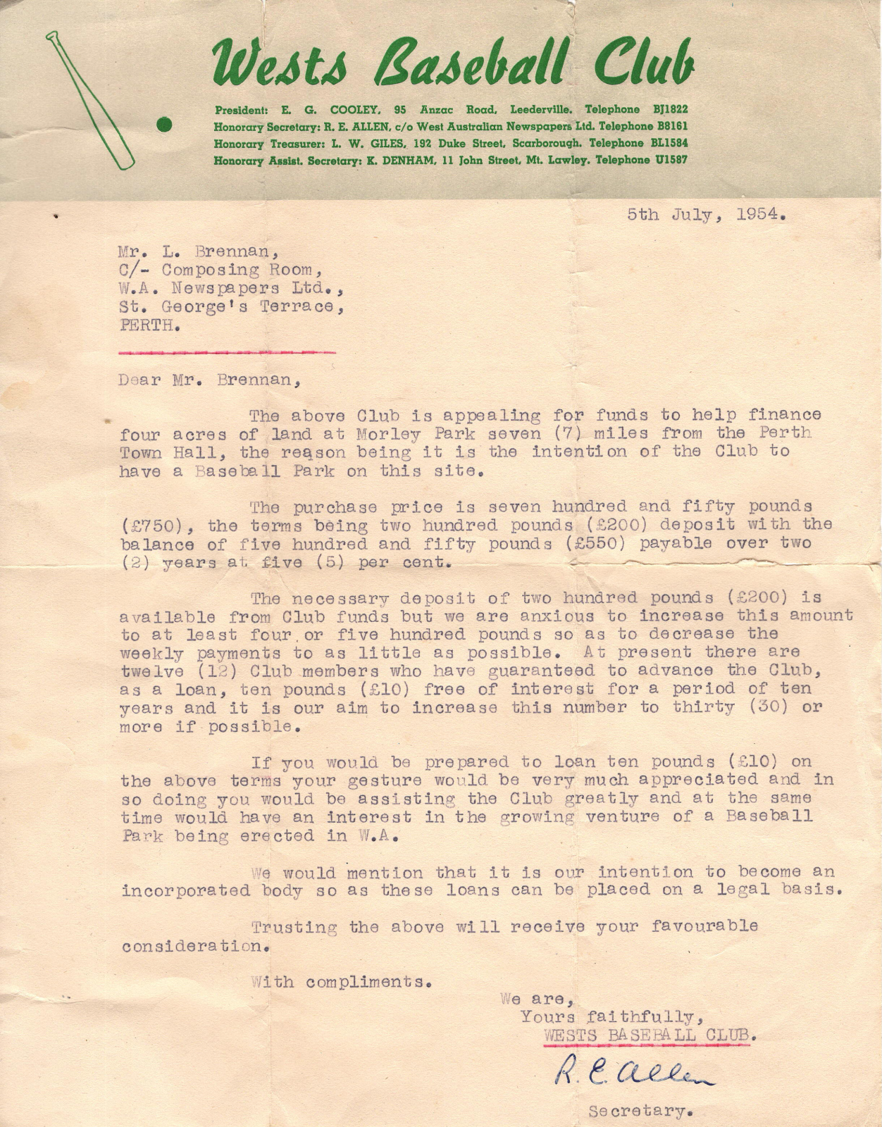 1954 Wests Baseball Club letter